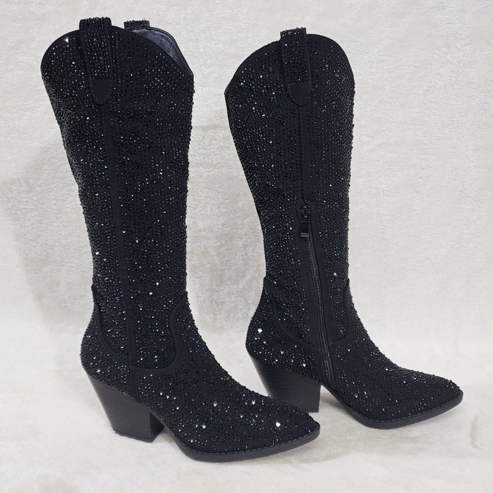 Country Glow Black Rhinestone Glitter Disco Cowgirl Western Knee Boots